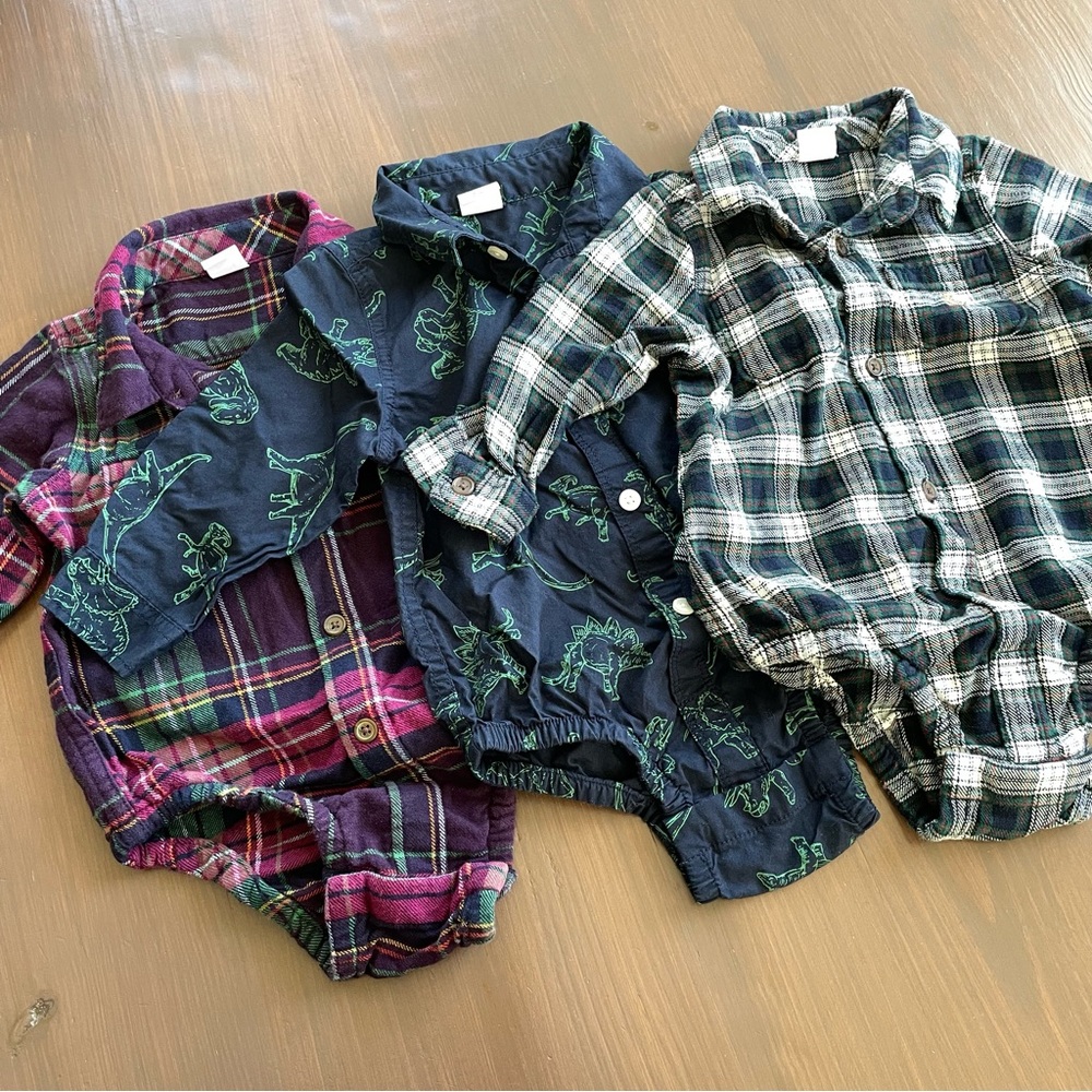 Baby Gap Onesie Button Down Shirts Set of 3 - 2 Plaid and 1 Dinosaur. 12-18M